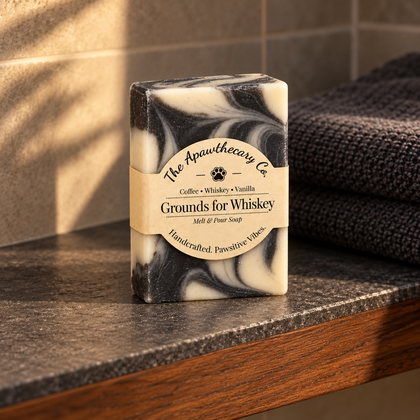 Grounds for Whiskey soap on a charcoal stone bath shelf