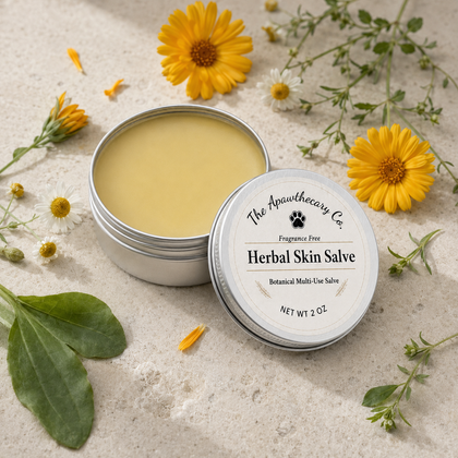 Open tin of Herbal Skin Salve surrounded by yellow and white flowers and green leaves.