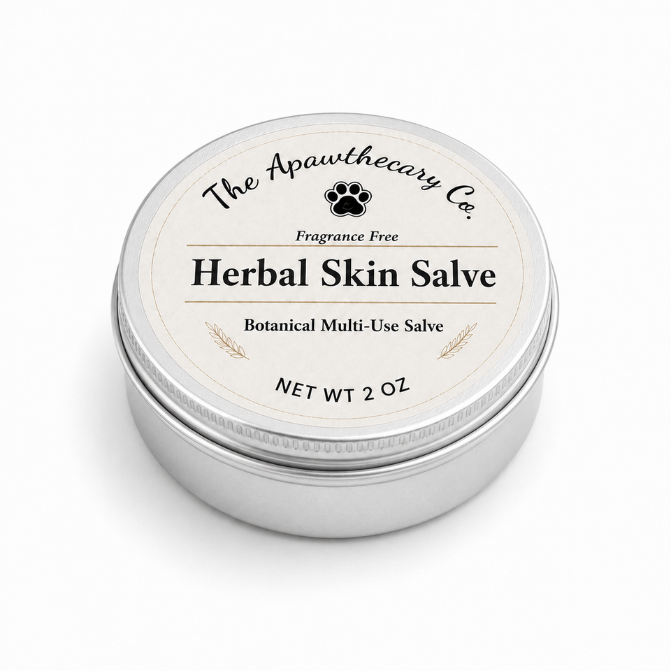 A round silver metal tin of The Apawthecary Co. Herbal Skin Salve, featuring a cream-colored label with black text and a paw print logo, set against a plain white background.