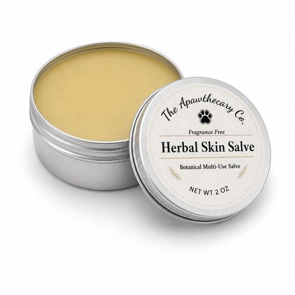 An open round silver tin of The Apawthecary Co. Herbal Skin Salve, showing the pale yellow balm inside, with the lid leaning against it on a white background.