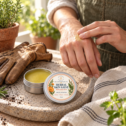 Palm-sized Herbal Skin Salve 2 oz tin in a realistic dry-hand garden care scene.