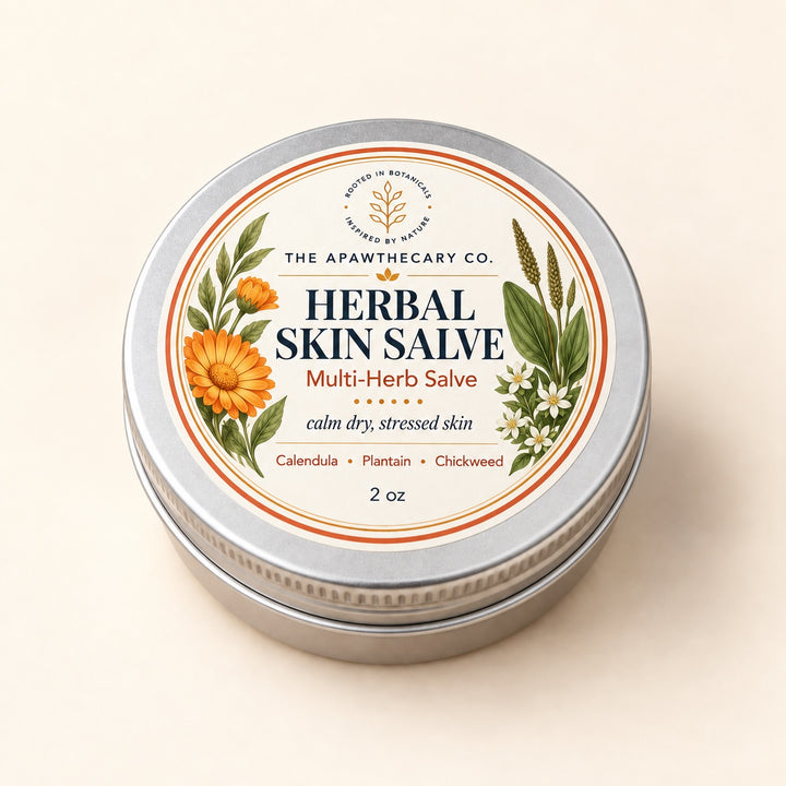 Herbal Skin Salve 2 oz tin with front label.