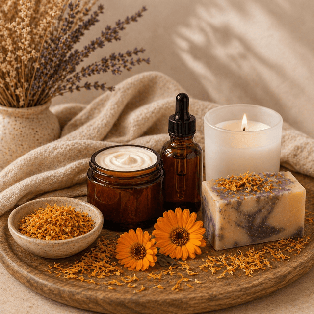 Handcrafted body care and candle products styled in a warm editorial setting