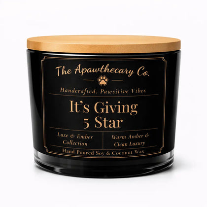 Black candle with wooden lid and 'The Apawthecary Co.' label on a white background