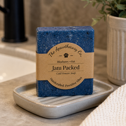 Jam Packed - Standard Cold Process Soap - Blueberry Scented on a soap dish in a bathroom setting.