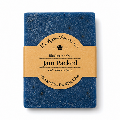 Jam Packed - Standard Cold Process Soap - Blueberry Scented soap bar with a natural label.