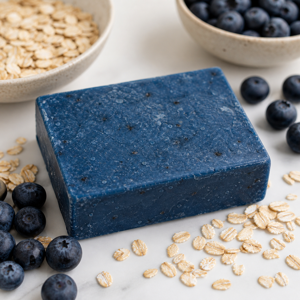 Jam Packed - Standard Cold Process Soap - Blueberry Scented with blueberries and oats on a marble surface.
