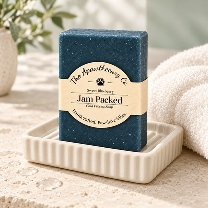 Jam Packed soap on a cream ceramic soap dish