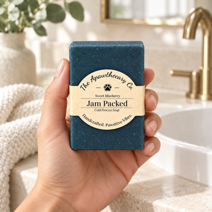 Jam Packed soap held in a fresh light bathroom