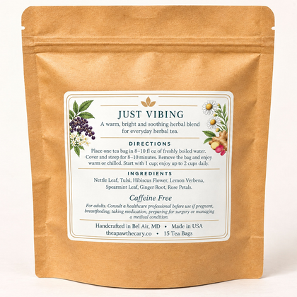 Back label of Just Vibing Everyday Herbal Tea with revised ingredients, directions, safety guidance, and 15 tea bags.