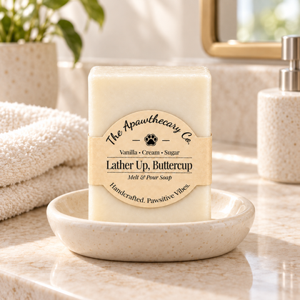 Lather Up Buttercup soap on a bright cream bathroom vanity