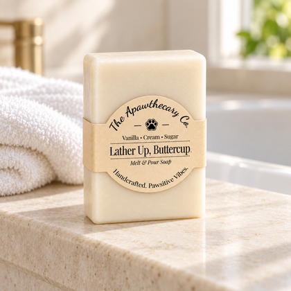 Lather Up Buttercup soap on a creamy stone bath ledge