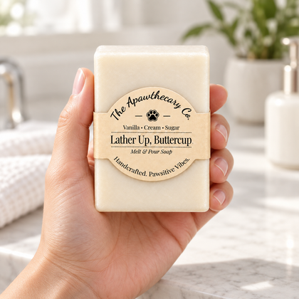 Lather Up Buttercup soap held in hand in a bright bathroom