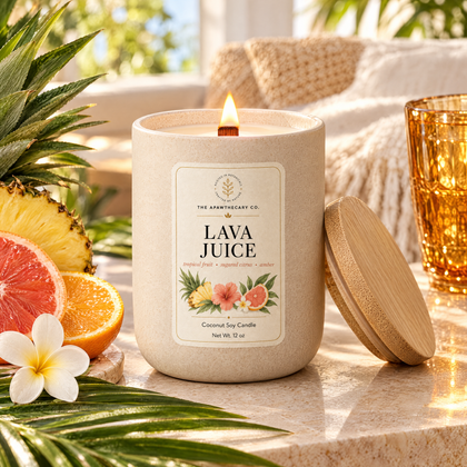 Lava Juice candle in a sunny tropical living room