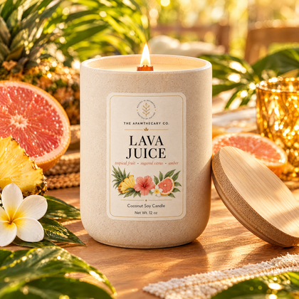 Lava Juice candle on a golden-hour entertaining table