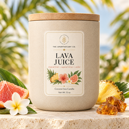 Lava Juice product image with tropical citrus background