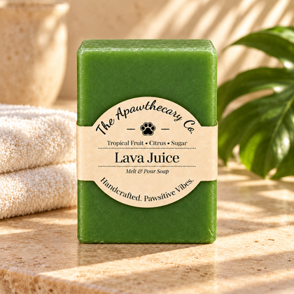 Lava Juice solid green soap on a sunlit bath vanity