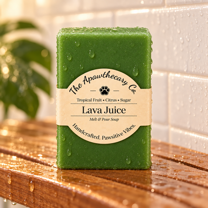 Lava Juice solid green soap on a teak shower shelf