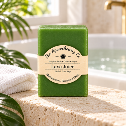 Lava Juice solid green soap beside a bright bath