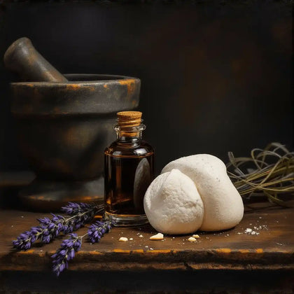Bottle of vanilla, two white marshmallows, and lavender on a wooden surface with a dark background