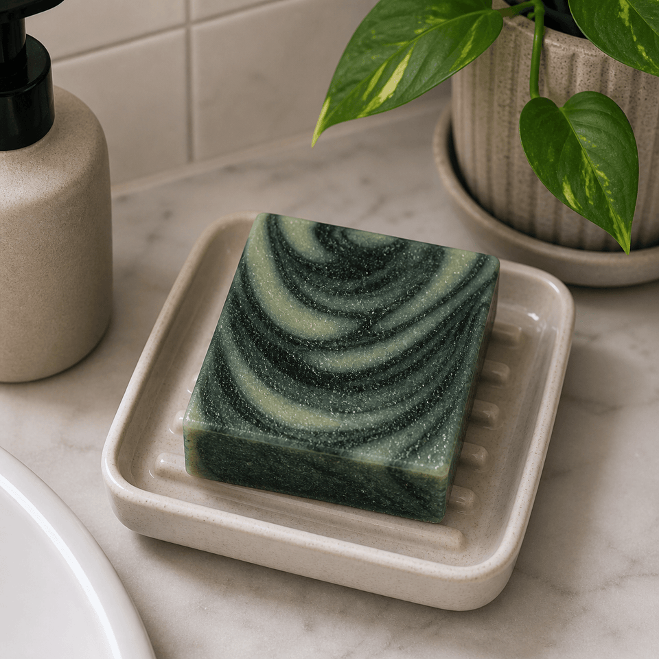 Like A Boss - Luxury Cold Process Soap – Masculine Scented displayed on a soap dish with a marble backdrop.