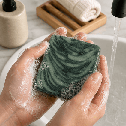 Like A Boss - Luxury Cold Process Soap – Masculine Scented being lathered in hands with bubbles.