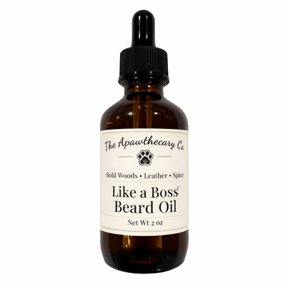 Bottle of 'Like a Boss' Beard Oil from The Apawthecary Co. on a white background