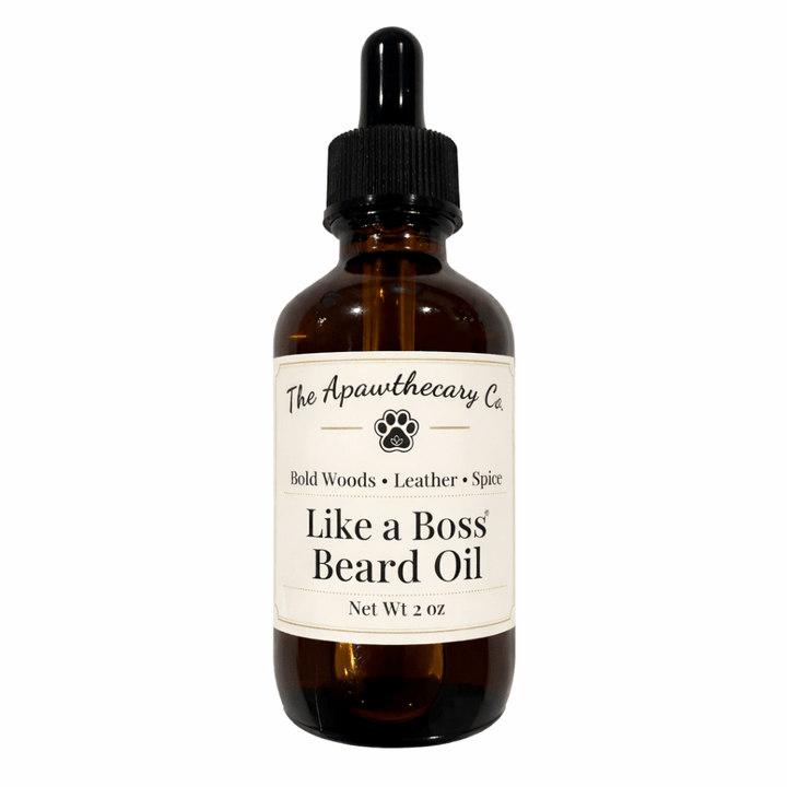 Bottle of 'Like a Boss' Beard Oil from The Apawthecary Co. on a white background