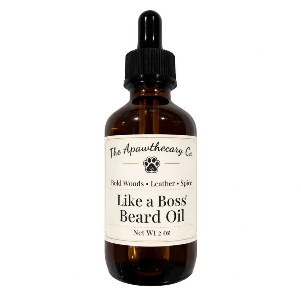 Bottle of 'Like a Boss' Beard Oil from The Apawthecary Co. on a white background