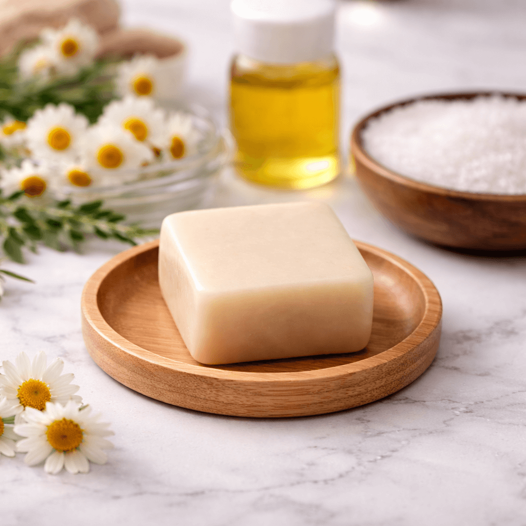 Bar of soap on a wooden plate with flowers and a bottle in the background