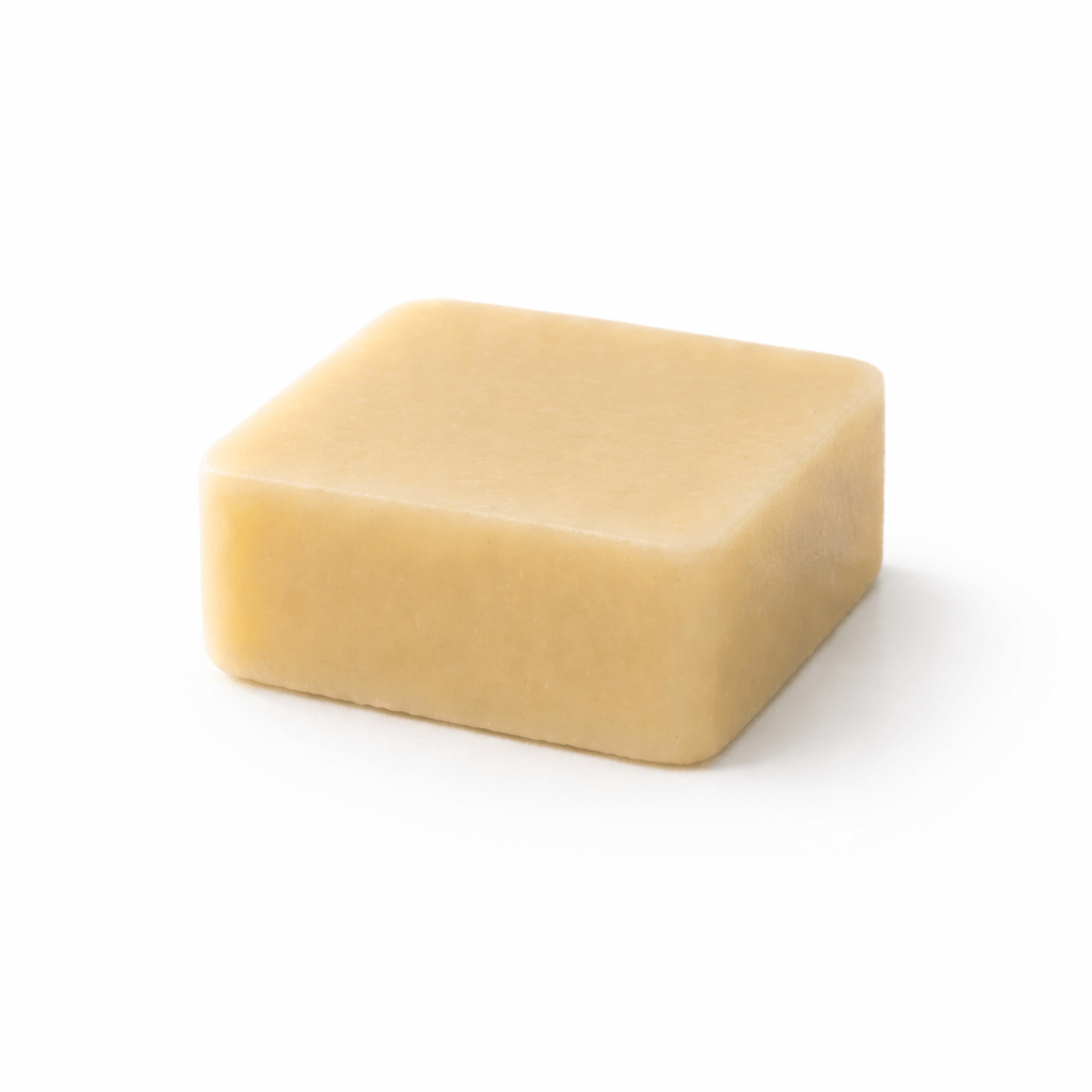Square bar of beige soap on a white background