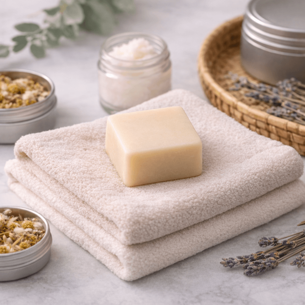 Bar of soap on a folded towel with candles and lavender flowers in the background