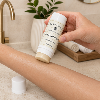 Person gliding a Lit Lotion Bar over their forearm in a bathroom.
