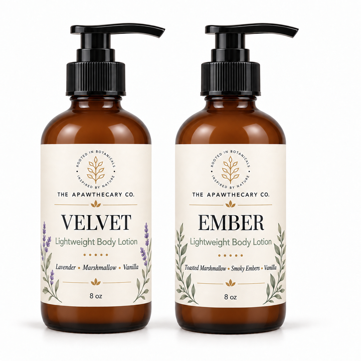 Velvet and Ember body lotion bottles together