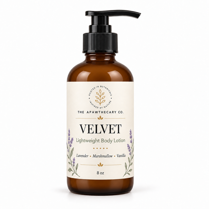 Velvet 8 oz body lotion in an amber pump bottle with the new botanical label.