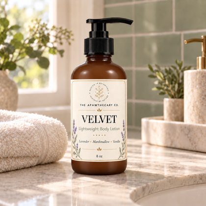 Velvet body lotion in a bathroom setting