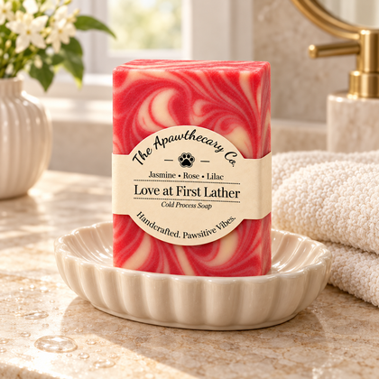 Love at First Lather soap on an ivory ceramic dish