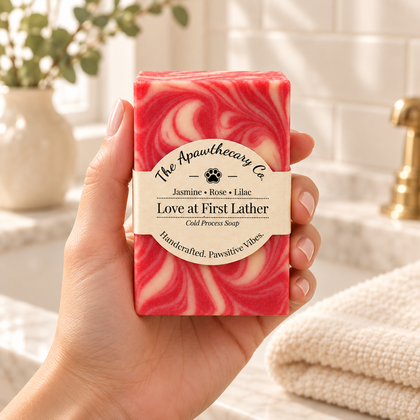 Love at First Lather soap held in a light elegant bathroom
