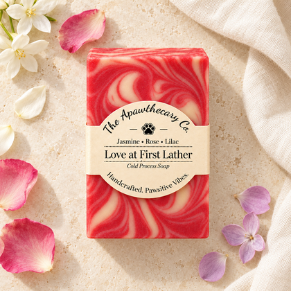 Love at First Lather soap styled with jasmine, rose and lilac petals