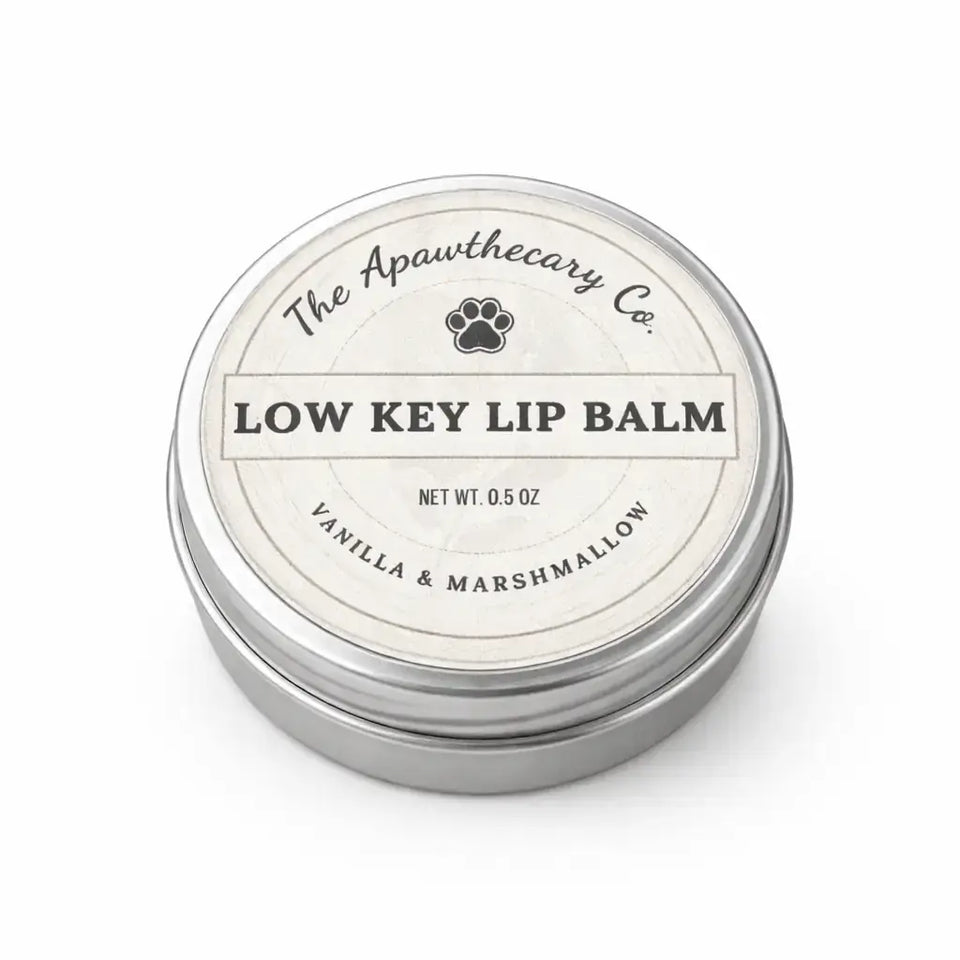 Low-Key Lip Balm - Vanilla & Marshmallow in a round metal tin by The Apawthecary Co.