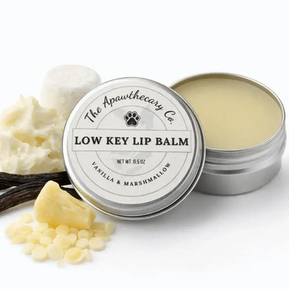 Low-Key Lip Balm - Vanilla & Marshmallow in a tin with shea butter, marshmallow, and vanilla.