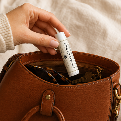 Hand placing a Low-Key Lip Balm tube into an open brown handbag.