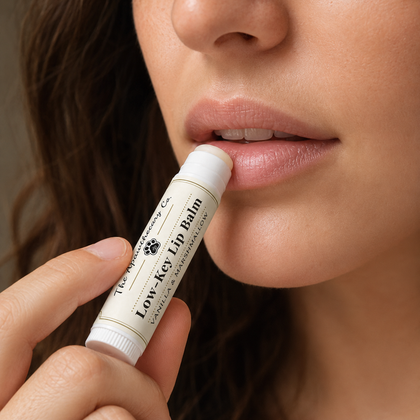 A close-up of a person applying low-key lip balm from a white tube with a cream label to their lips.