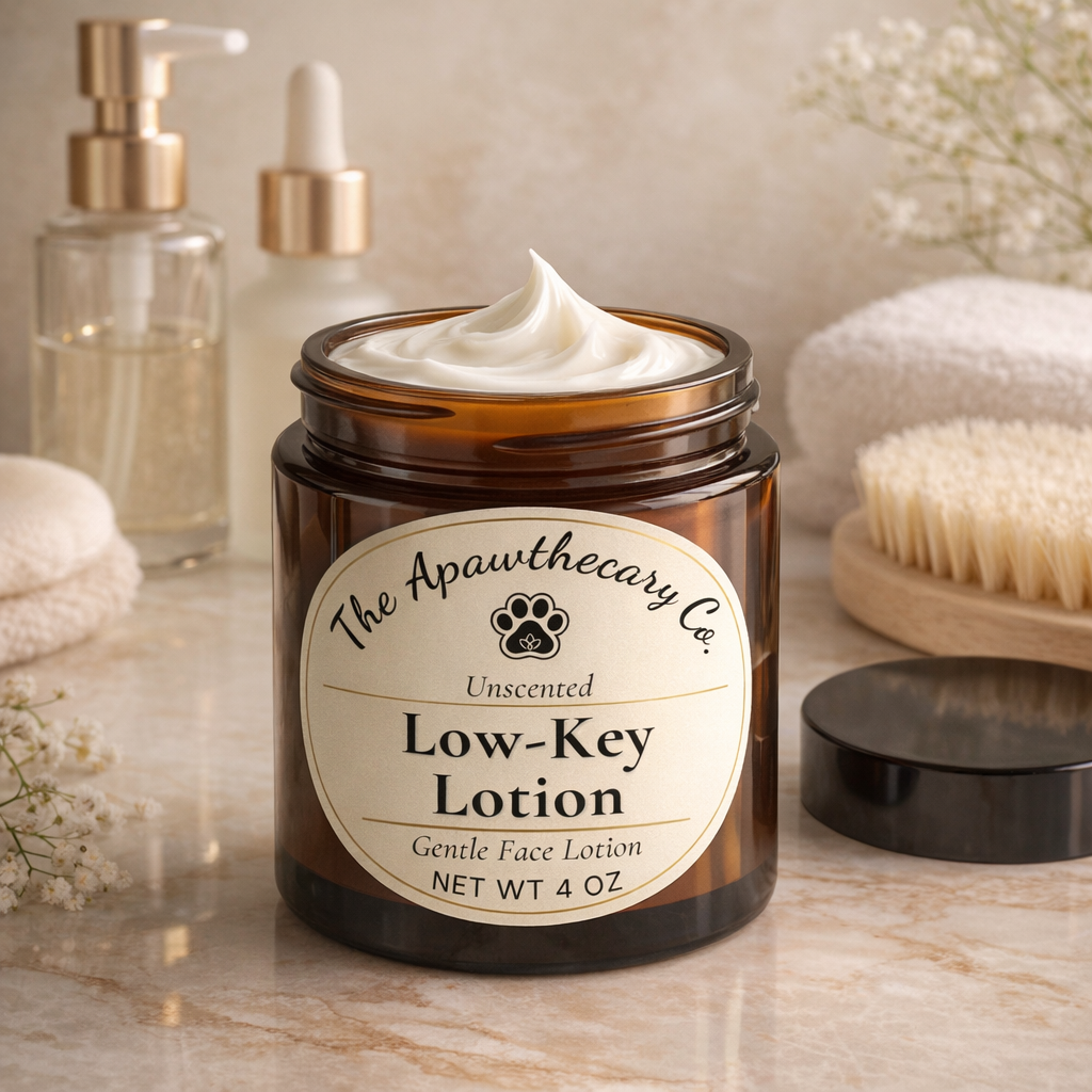 Jar of 'Low-Key Lotion' from The Apawthecary Co. on a marble surface with skincare products in the background.