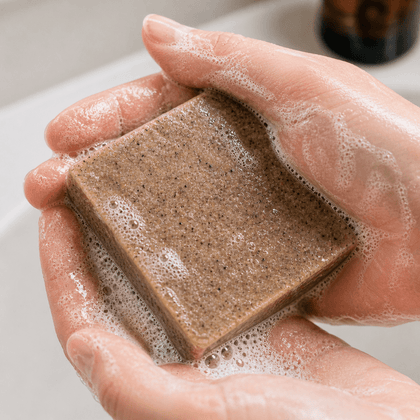 Brewed Awakening - Luxury Cold Process Soap - Natural Coffee in hands with foamy lather.
