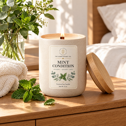 Mint Condition candle in a fresh morning bedroom setting