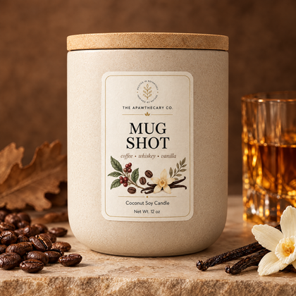 Mug Shot product image with coffee whiskey and warm wood background
