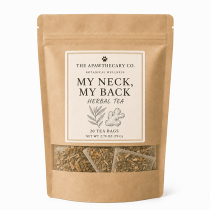 A stand-up kraft paper pouch of The Apawthecary Co. Herbal Tea, labeled 'My Neck, My Back'.