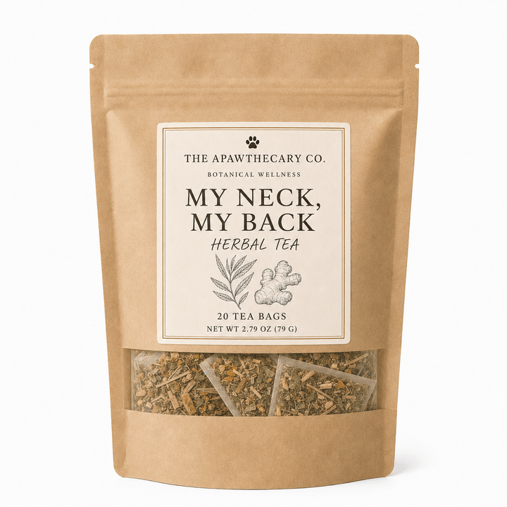 A stand-up kraft paper pouch of The Apawthecary Co. Herbal Tea, labeled 'My Neck, My Back'.