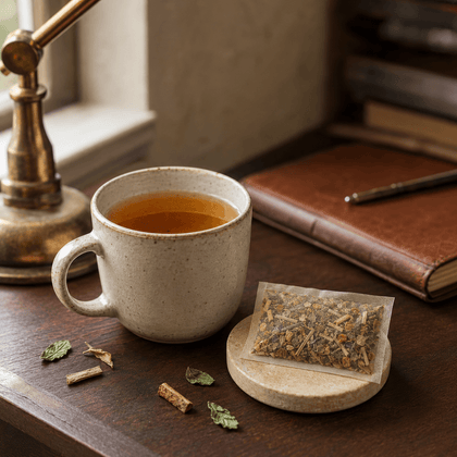 A ceramic mug filled with tea sits on a wooden table beside a small packet of loose herbal tea on a coaster, with scattered tea leaves and cinnamon pieces nearby. A brown leather-bound book and a brass lamp are softly blurred in the background.